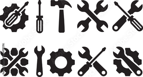 Black technical support icons set with crossed wrenches, screwdrivers, gears, and hammers, mechanical repair symbols, maintenance service vector illustration, industrial hardware, engineering.