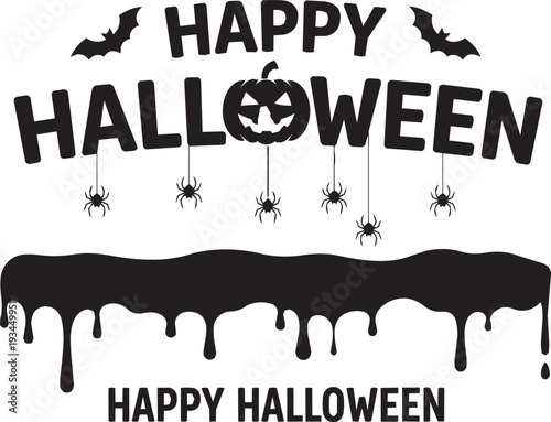 Happy Halloween graphic with dripping blood, pumpkins, bats, and spiders.