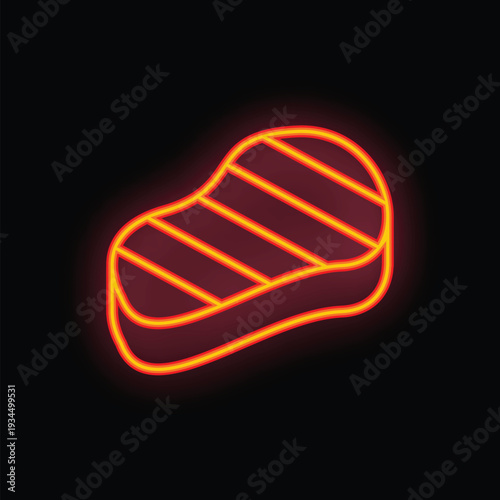 Neon sign showing a grilled steak, a delicious piece of meat, on black background