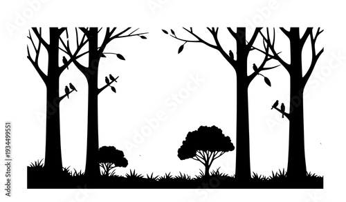 Design a modern abstract forest vector illustration featuring multiple tree silhouettes with unique canopy textures and stylized botanical details. Add small birds perched on branches for visual inter