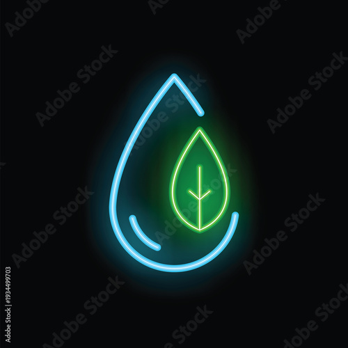 Glowing neon icon of water drop with leaf inside symbolizing eco friendly product or technology