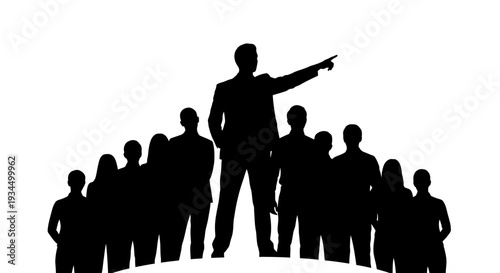 Silhouette of man leading group people.