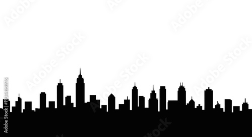 Black silhouette of city skyline buildings.