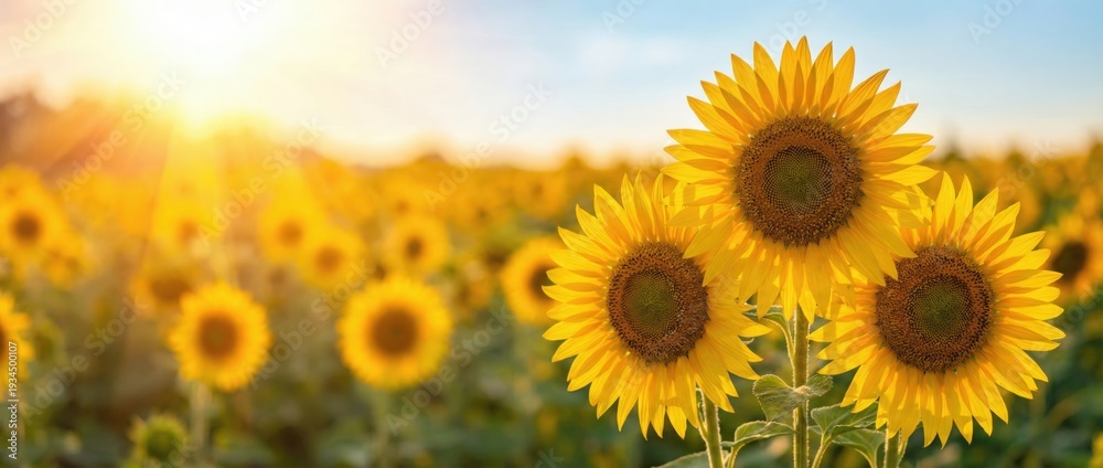 Fototapeta premium Sunflower blooming action in vibrant field nature photography at sunrise bright colors and warm atmosphere captured from eye-level perspective for stunning visual impact