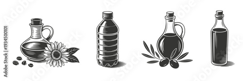 Oil Vector Icon Collection, Including Bottles, Jars, and Containers for Cooking, Food Packaging, Culinary Branding, and Creative Graphic Design Applications.