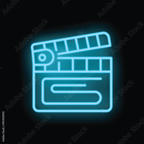 Neon blue clapperboard glowing on a black background evoking the film industry