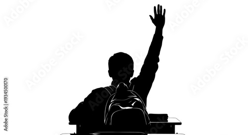 Silhouette of student raising hand.