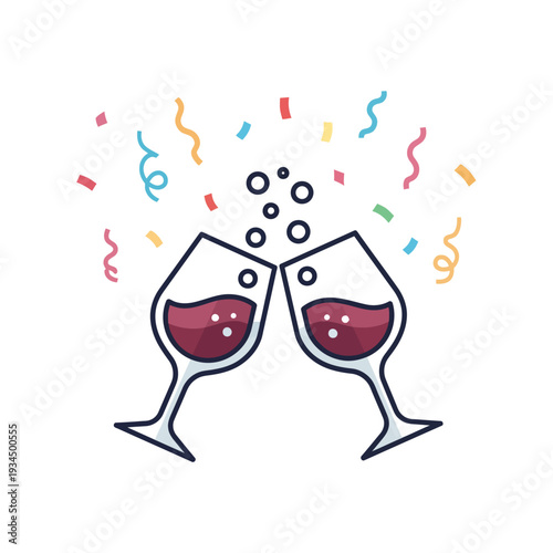 Celebration toast with red wine glasses and confetti, happy cheers