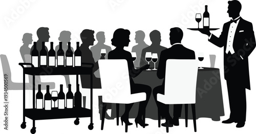Flat vector silhouette illustration of waiter serving wine, formal dining, elegant dinner, social gathering, hospitality, fine dining, community lifestyle art