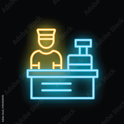Neon icon of a cashier standing at the checkout counter with cash register