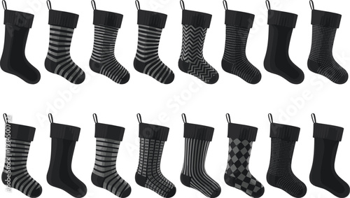 Collection of hanging Christmas stockings silhouettes, festive holiday socks isolated on white background for seasonal decoration design