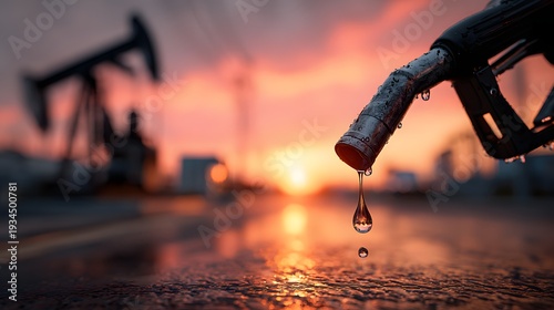 Gas pump nozzle dripping fuel at sunset with oilfield bokeh in warm orange tones