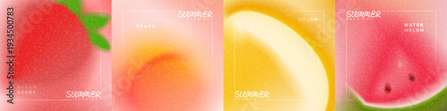 Trendy summer gradient cards. Abstract vector cars with colourful gradients and blurred summer fruit. Collection of grainy backgrounds for summer flyer, celebration, ads, branding, cover, sale.