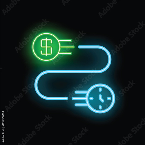Neon sign showing money transferring quickly over time