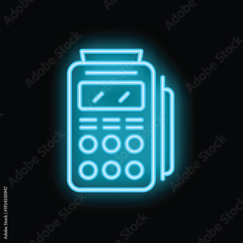 Glowing blue neon icon of a credit card reader processing contactless payment