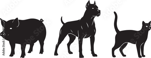 Silhouette animal collection: Pig, strong dog, and sleek cat standing side-by-side in black and white vector art.