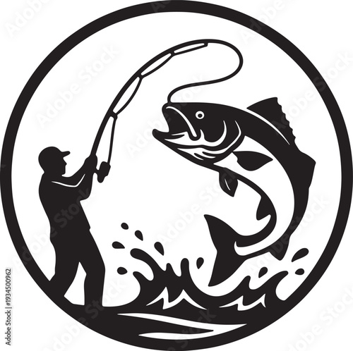 Dynamic black and white silhouette of a fisherman catching a large jumping fish
