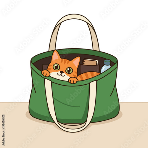 Cute ginger tabby cat peeking from green reusable tote bag with groceries on light background. Concept of domestic pet and shopping lifestyle atmosphere