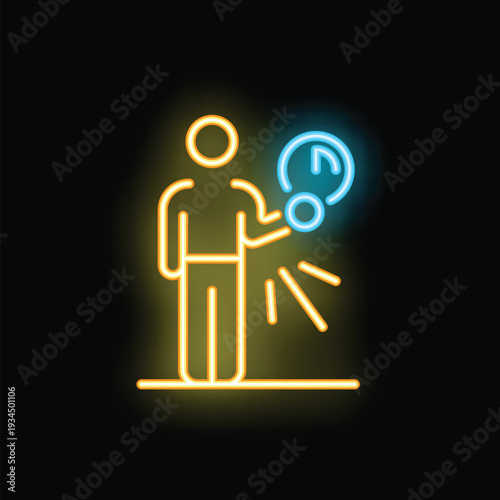 Neon light icon of a businessman holding a clock, symbolizing the importance of punctuality in the business world