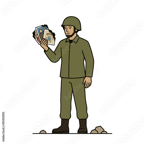 Sad soldier in uniform holding burnt family photos while standing on barren ground. Concept of war loss and emotional trauma atmosphere