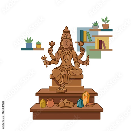 Bronze statue of hindu deity with multiple arms on home altar with offerings and crystals against bookshelf background. Concept of religion and spirituality atmosphere