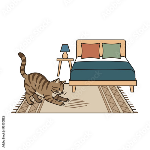 Striped tabby cat scratching carpet beside modern bed in cozy bedroom interior with nightstand and lamp. Concept of pet behavior and home damage atmosphere