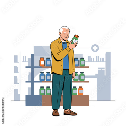 Senior caucasian man reading label on vitamin bottle in pharmacy aisle with shelves of medicine. Concept of healthcare awareness and aging support atmosphere