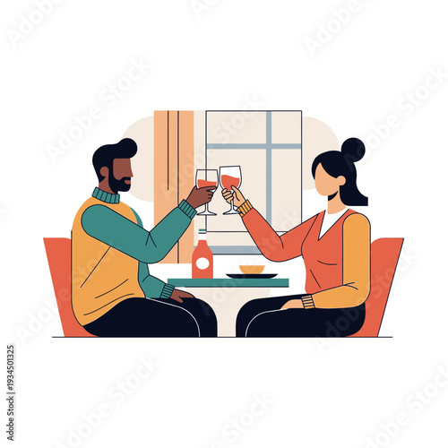 Couple celebrating with wine at a restaurant table, romantic date night, cheers toast
