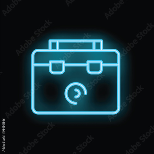 Glowing blue neon sign of a portable fridge on a black background