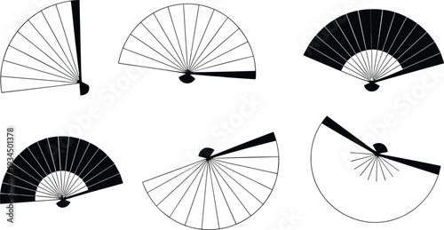 Hand fan silhouette collection, traditional folding fans isolated on white background decorative accessory illustration set