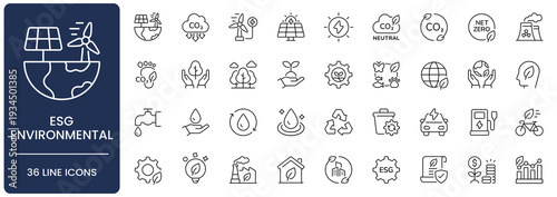 ESG Environmental Line Icon Set. Collection of Sustainability, social, governance, ecology, renewable, eco, energy, responsibility, nature, planet, Outline, Editable Stroke, Vector illustration.