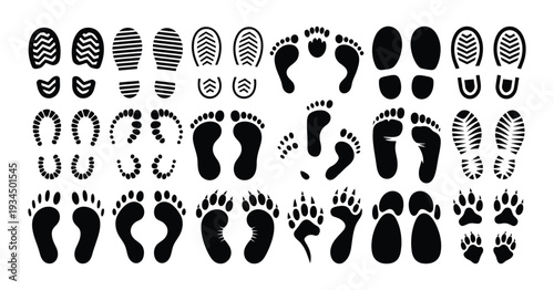Shoe and Animal Footprints Vector Icons, Including Boots, Bare Feet, and Paw Prints, Clean Flat Design Isolated on White Background.