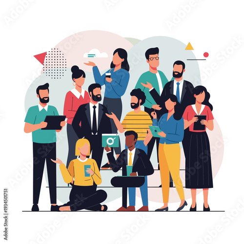 Diverse business team collaborating with technology and ideas in a modern office setting