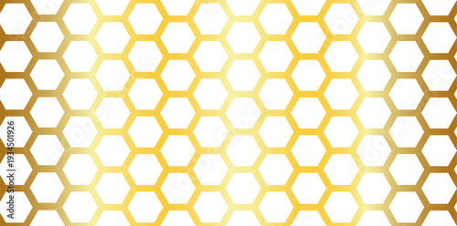 Golden gradient honeycomb pattern with seamless hexagonal mesh texture. Modern geometric background with repeating hexagon shapes for digital design and print. Vector contemporary geometric pattern