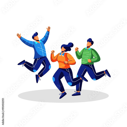 Diverse group of friends jumping and running with joy and excitement, celebrating success