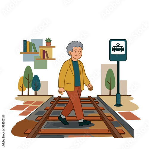 Senior man walking beside old tram tracks near stop sign in quiet neighborhood. Concept of nostalgia and everyday urban life atmosphere