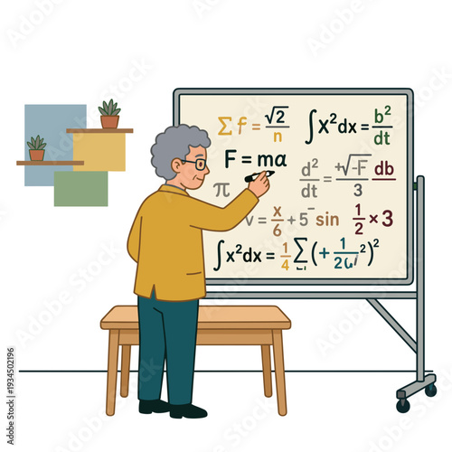 Senior professor writing mathematical equations on whiteboard in classroom. Concept of education and scientific knowledge atmosphere