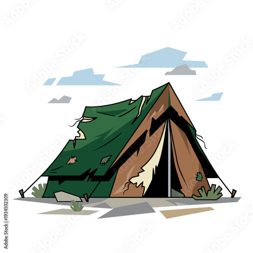 Old tattered camping tent damaged by strong wind outdoors. Concept of survival challenge and harsh weather atmosphere