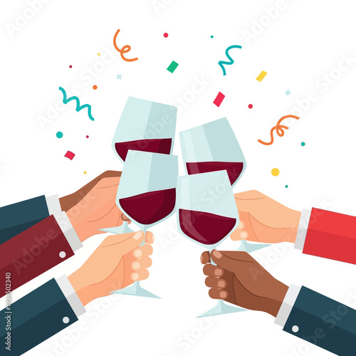 Diverse group of hands clinking wine glasses in celebration with confetti