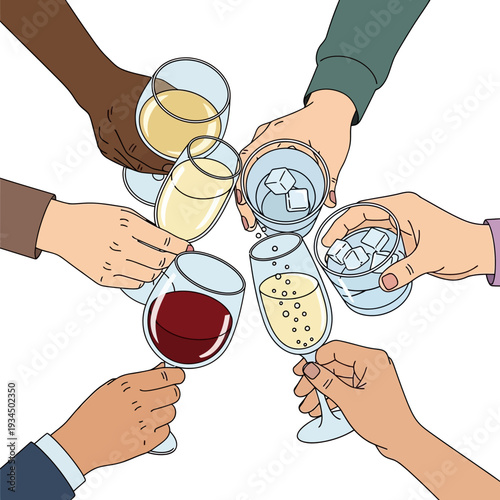 Diverse group of hands clinking glasses in a toast, celebrating friendship and success