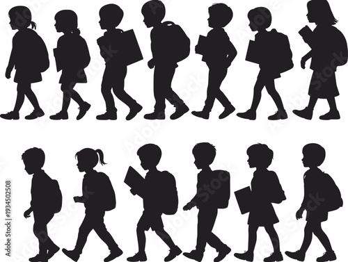 School children silhouettes collection, kids walking with backpacks and books vector set, isolated black education illustration bundle
