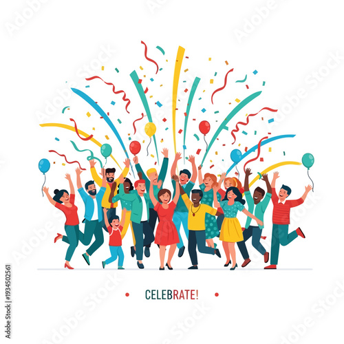 Diverse group of people celebrating with confetti and balloons