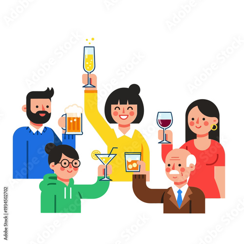 Diverse group of people celebrating with drinks, toasting happily
