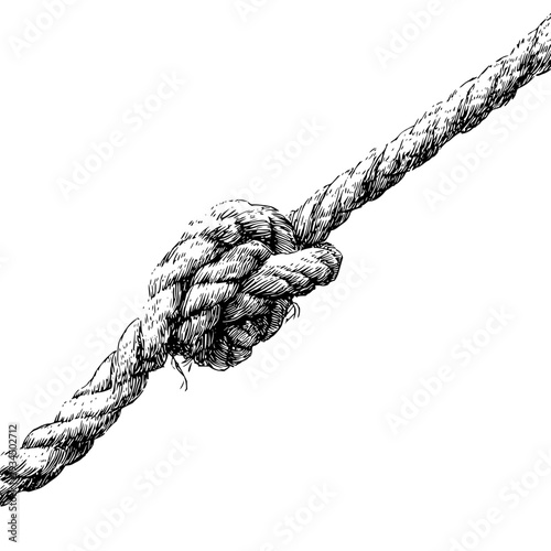 Illustration of a rope with a complex knot tied in the center with detailed shading and texture rendering of the rope material