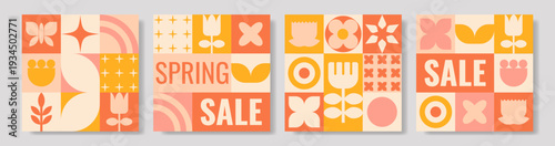 Spring Sale geometric pastel cards, modular grid of tulips, stars and arches in warm peach, pink, cream and yellow, retro modern promotional layout for boutique