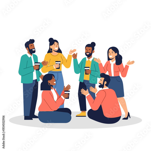 Diverse group of people talking and drinking coffee, casual meeting, teamwork, community