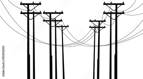 Silhouette of electric utility poles and power lines, electricity transmission infrastructure isolated on white background for energy concept