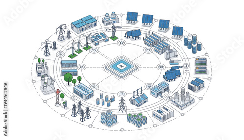 Sustainable Energy Infrastructure Network Diagram with Renewable Sources.