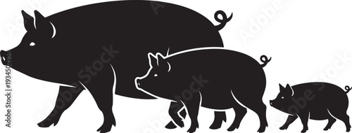 Pig family silhouette: A large sow with two piglets, walking in single file in black vector art.