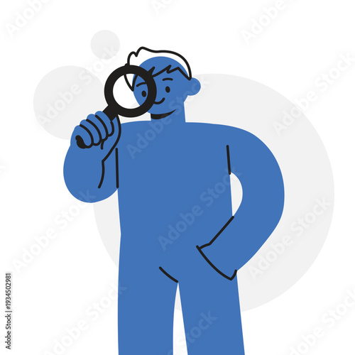Man Character Holding Magnifying Glass Representing Search, Discovery, and Market Research Concept. Character Vector illustration design.
